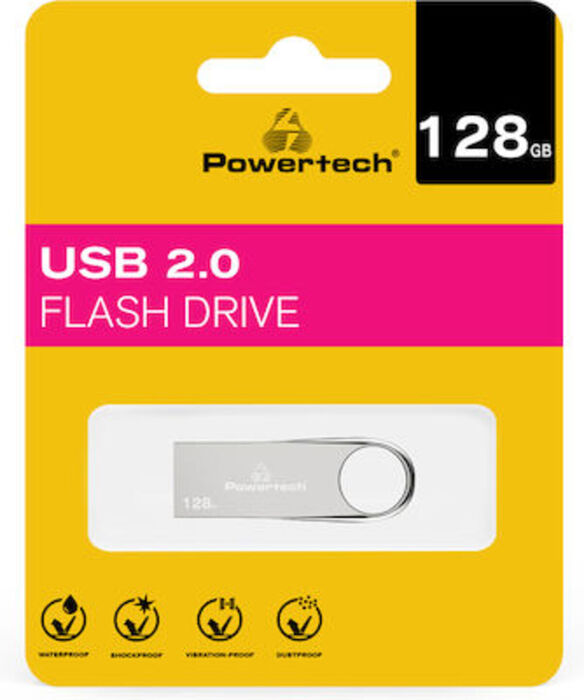 Powertech USB 2.0, 128GB ,Ασημί