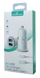 POWERTECH CAR CHARGER WITH 2 USB+ TYPE C PORTS CABLE WHITE Photo 2