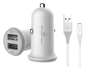 POWERTECH CAR CHARGER WITH 2 USB+ TYPE C PORTS CABLE WHITE